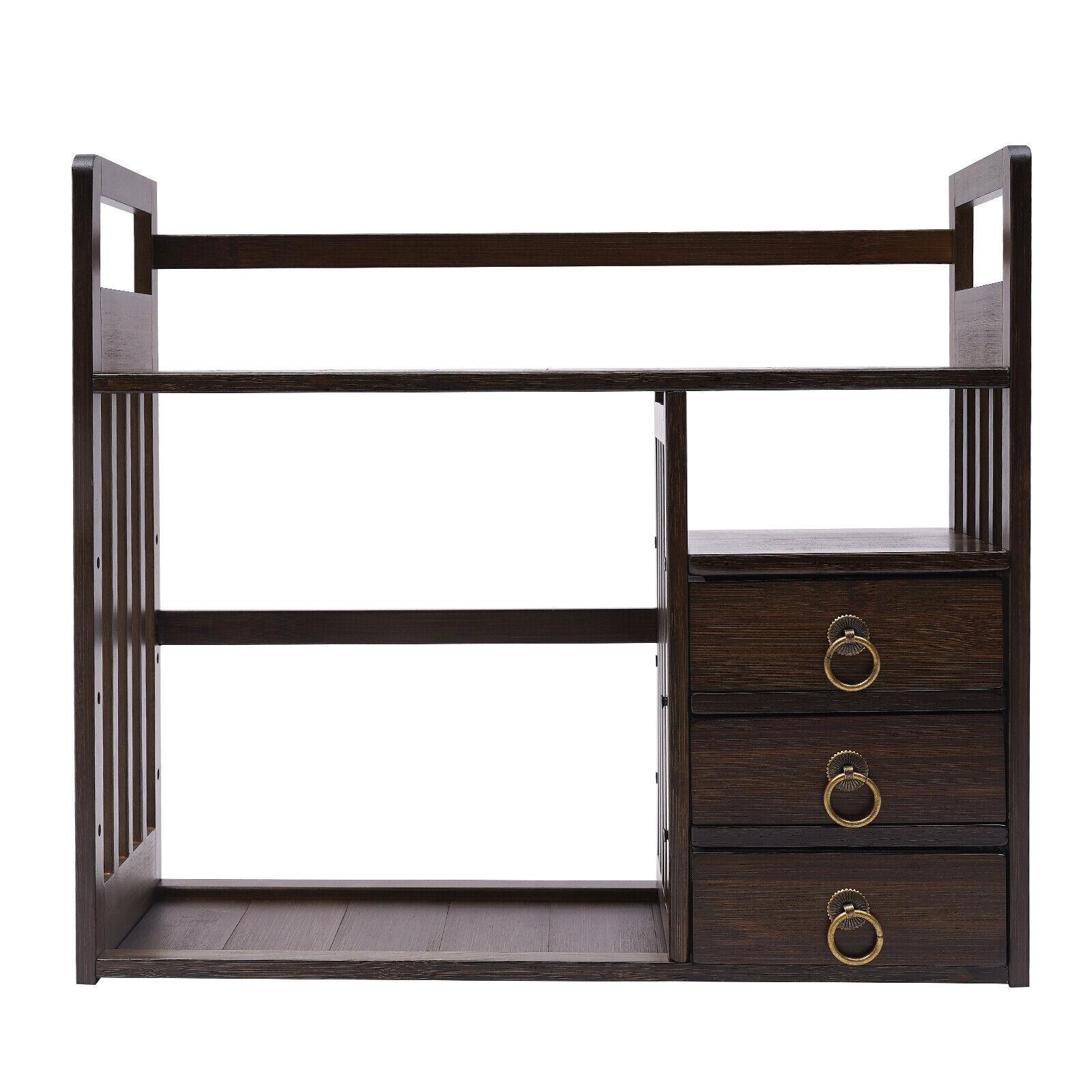 

Bamboo Bookshelf Desktop Organizer Desk Rack Storage Shelves w/3 Drawers Office