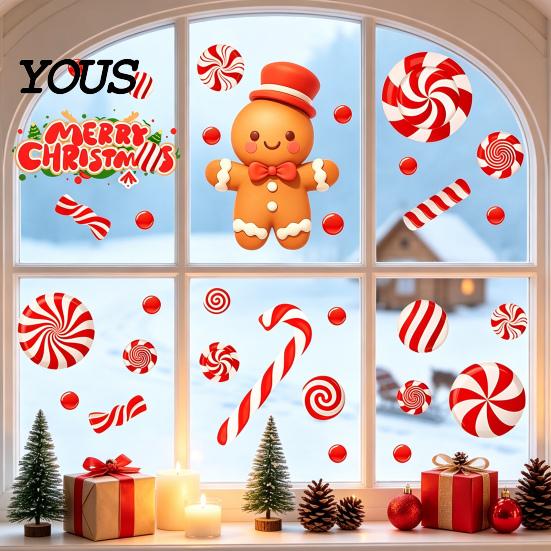 Holiday Candy Pattern Decorations Christmas Static Window Clings for Glass, Decorations, Gingerbread Man Decorative PVC Stickers Windows Cane