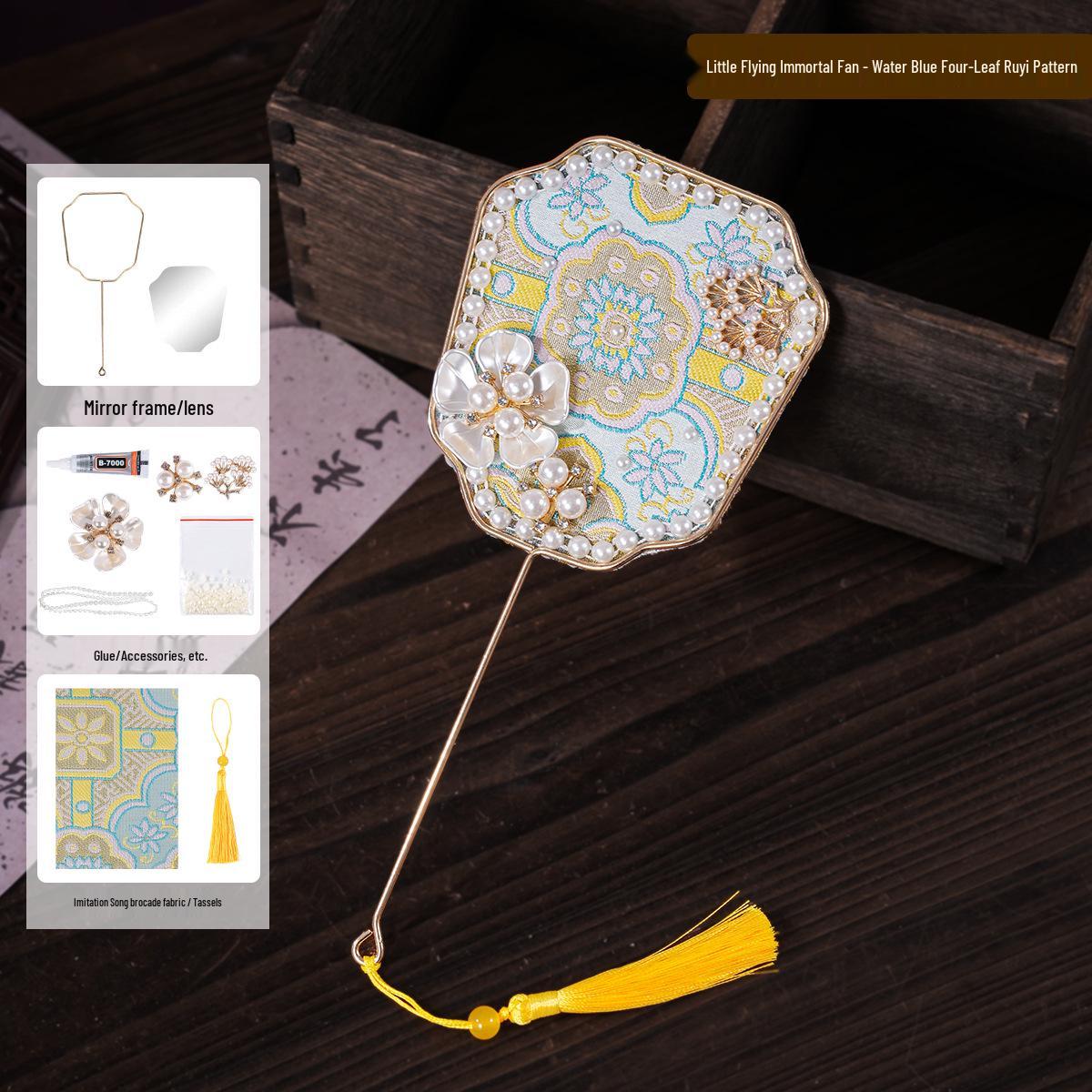 Handmade Song Brocade Pearl Mirror Kit: Dragon Boat Festival Round Fan Gift