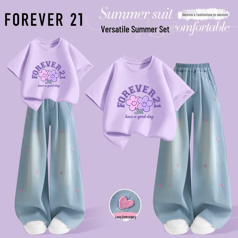 FOREVER21 Girls Summer Cotton T-Shirt & Jeans Set 130