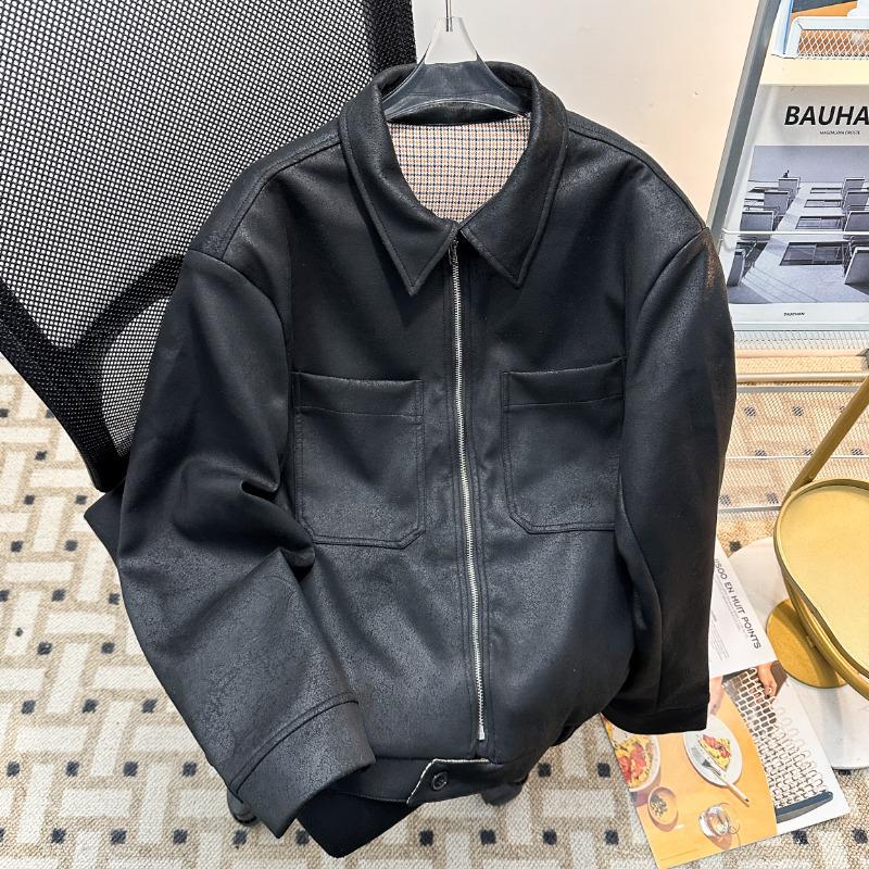 Мужская модная ретро охотничья куртка в клетку из ПУ-кожи Large чёрный