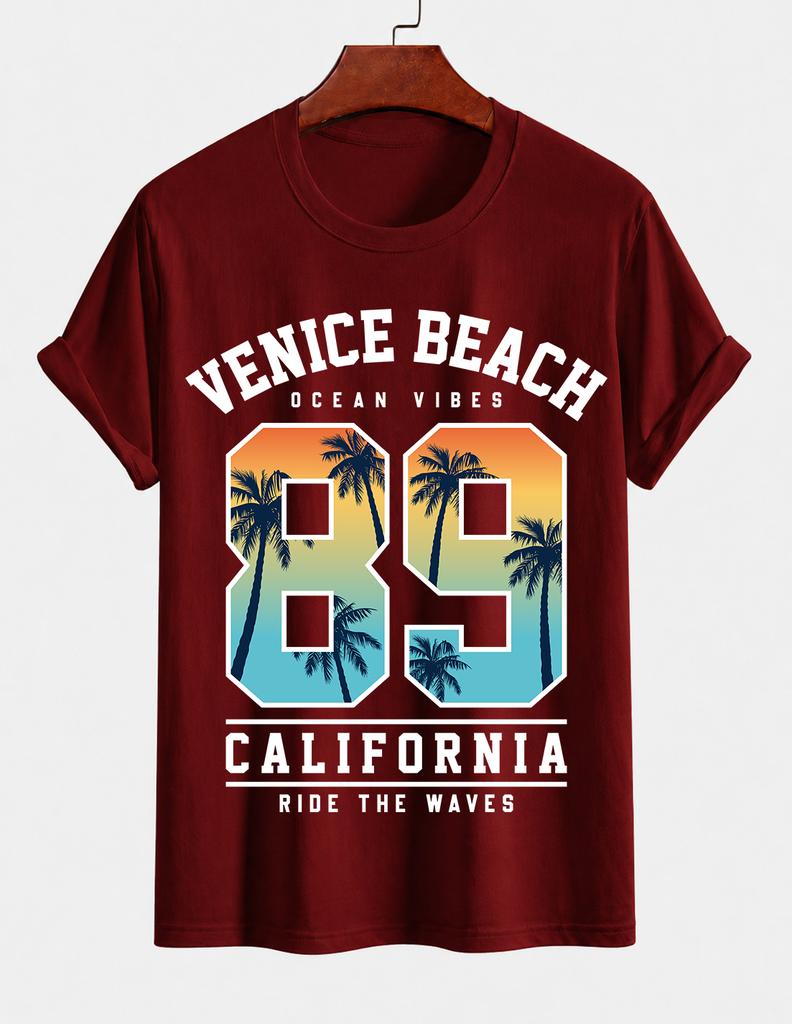 Unisexs Pure Cotton Solid Color Tshirt Venice Beach California 89 Print Crew Neck Short Sleeve Summer Street Casual Top