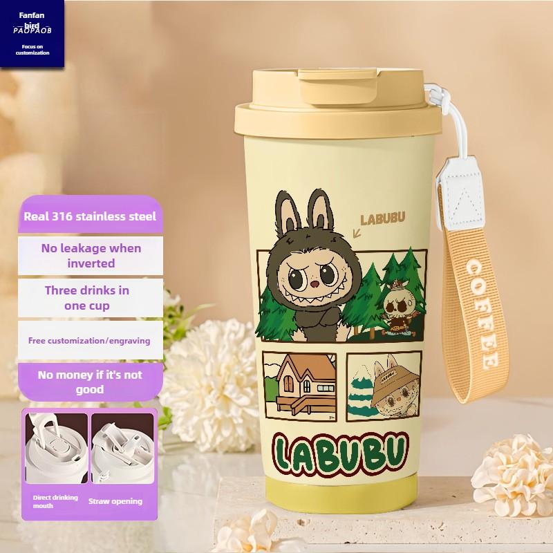 Tecknad Rostfri Stålkopp Högvärdig Termosmugg 3D Dubbel Drickstrå Kaffekopp