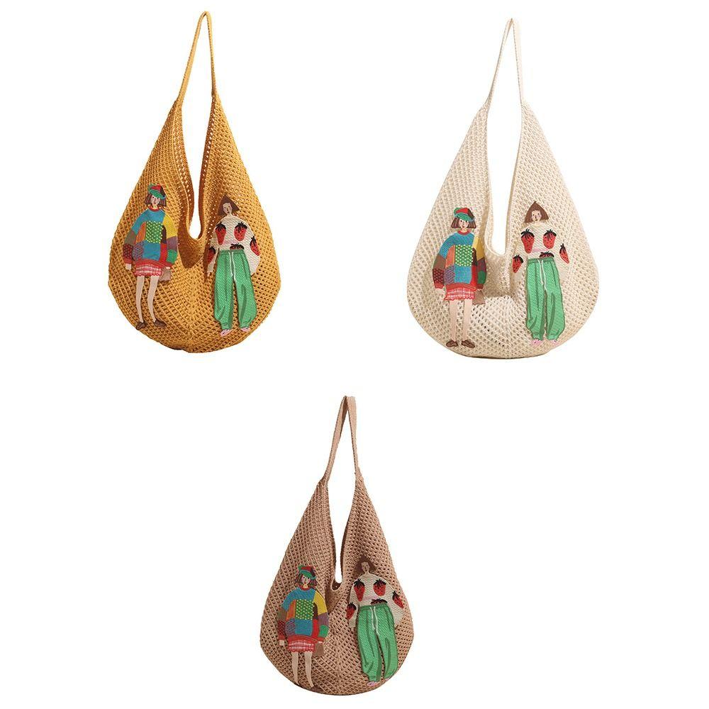 Trendy Sweet Knitted Tote Bag Hollow Out Bohemian Style Weave Shoulder Bag Cartoon Embroidery Crochet Beach Bag Holiday