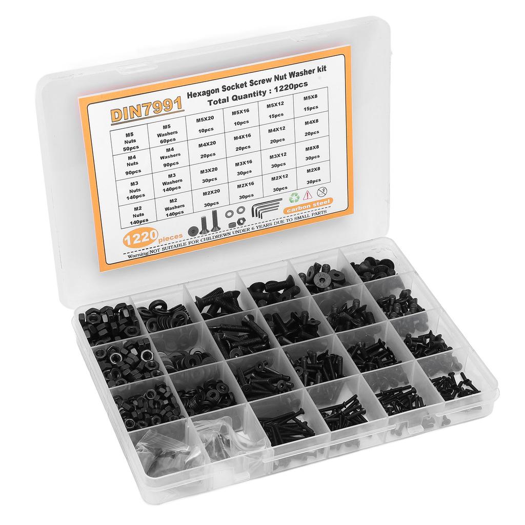 1220 Stück Schrauben Muttern Unterlegscheiben Sortiment M2 M3 M4 M5 Flachkopf Innensechskant Kohlenstoffstahl Befestigungselement
