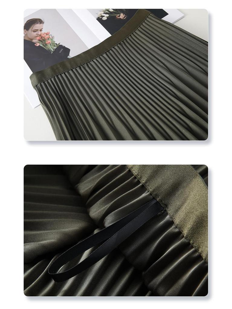 2025 Women's White High-Waist Pleated Midi A-line Skirt