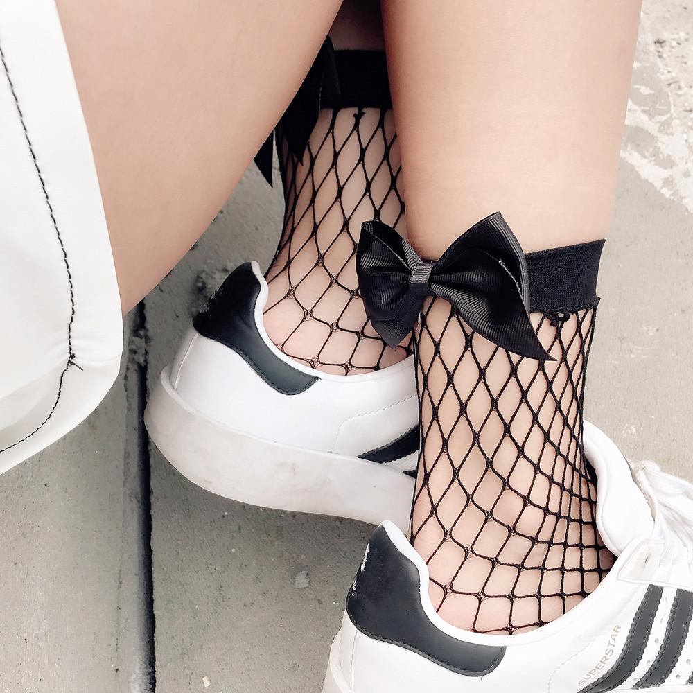 Mesh fishnet socks, short socks, sexy large bow fishnet stockings, European and American style mid-calf socks Butterfly net socks