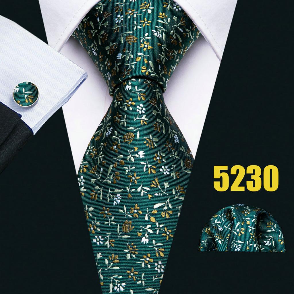 Barry.Wang Blumen-Krawatten-Set für Herren, Einstecktuch, Manschettenknöpfe, Hochzeit, formelle Krawatten-Set