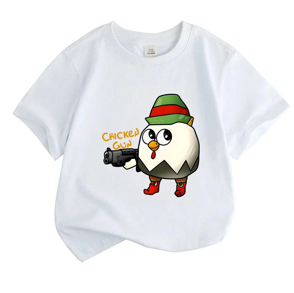 Kids Boys Girls 100% Cotton Crew Neck Short Sleeve T-Shirt, Cute Chicken with Gun Elf Pattern Casual Soft Breathable Summer Tee for Children Daily Wea