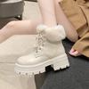 Women's Ankle Boots British-Style Plush-Lined Block-Heeled Warm Snow Boots Lace-Up Thick-Sole Short Boots for Women Botas Mujer