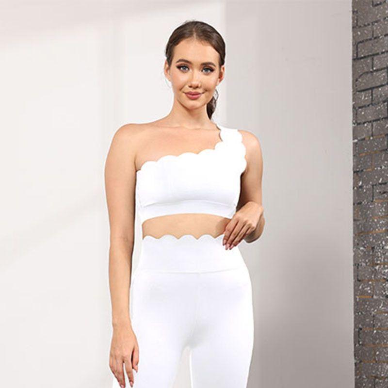 

Yoga Clothes High-Waist Lace Fitness Pants Bubble Wrap Slant Shoulder Tight Sports Bra Underwear European and American Suit Two-piece Set Elastic White Tops L