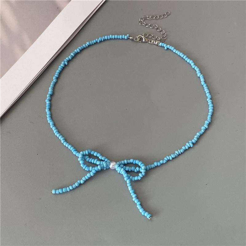 Korean Fashion Knotbow Choker Necklace for Girl Trendy Romantic Handmade Rice Beads Short Neck Jewelry Gift for Friend