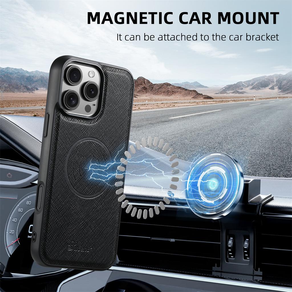 SUTENI H17 For iPhone 16 Pro Magnetic Case Cross Texture Leather Phone Back Cover with Detachable Card Bag