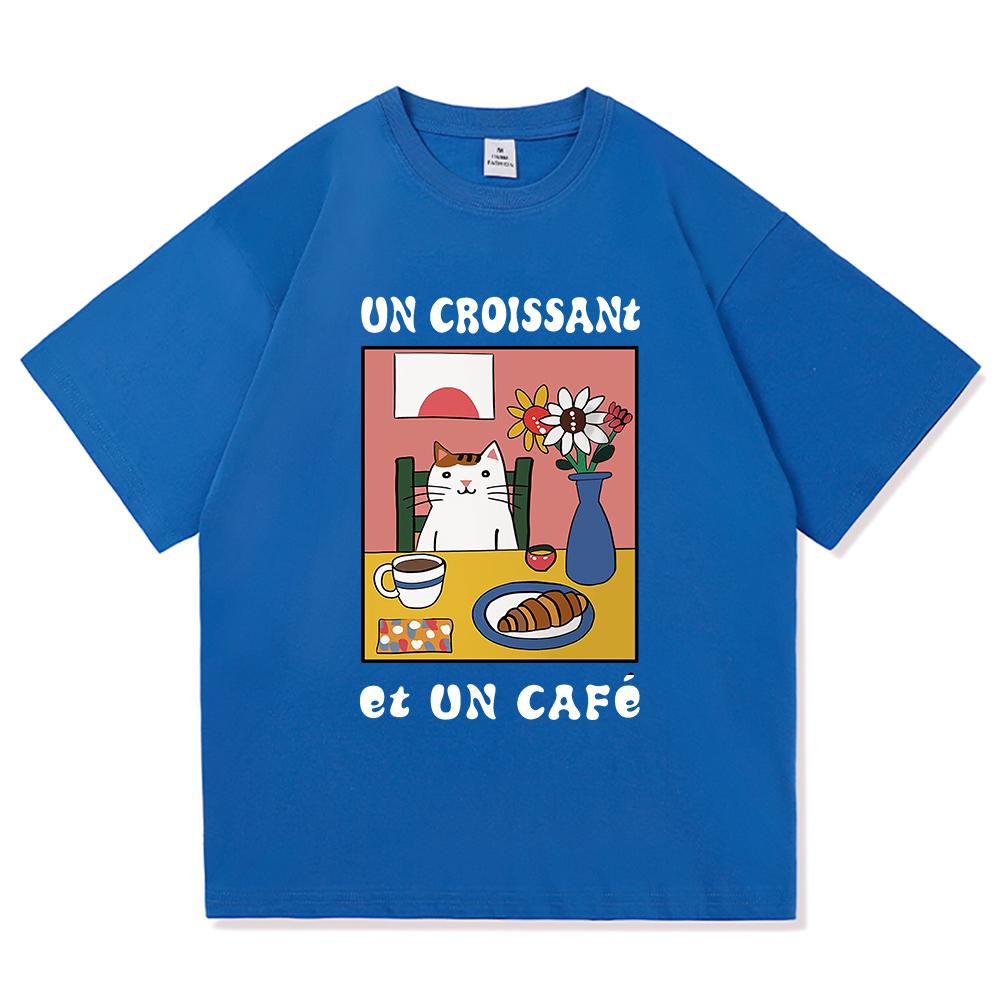 Vintage French Cafe Cat T Shirt Fashion Men/Women Funny Letter Un Croissant Et Un Cafe T-Shirt High Quality Cotton Tees Shirts
