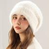 Knitted Hat Women's Autumn and Winter White Warm Rabbit Fur Hat Thickened Large Head Circumference Hat Plush Ear Protector Wool Hat