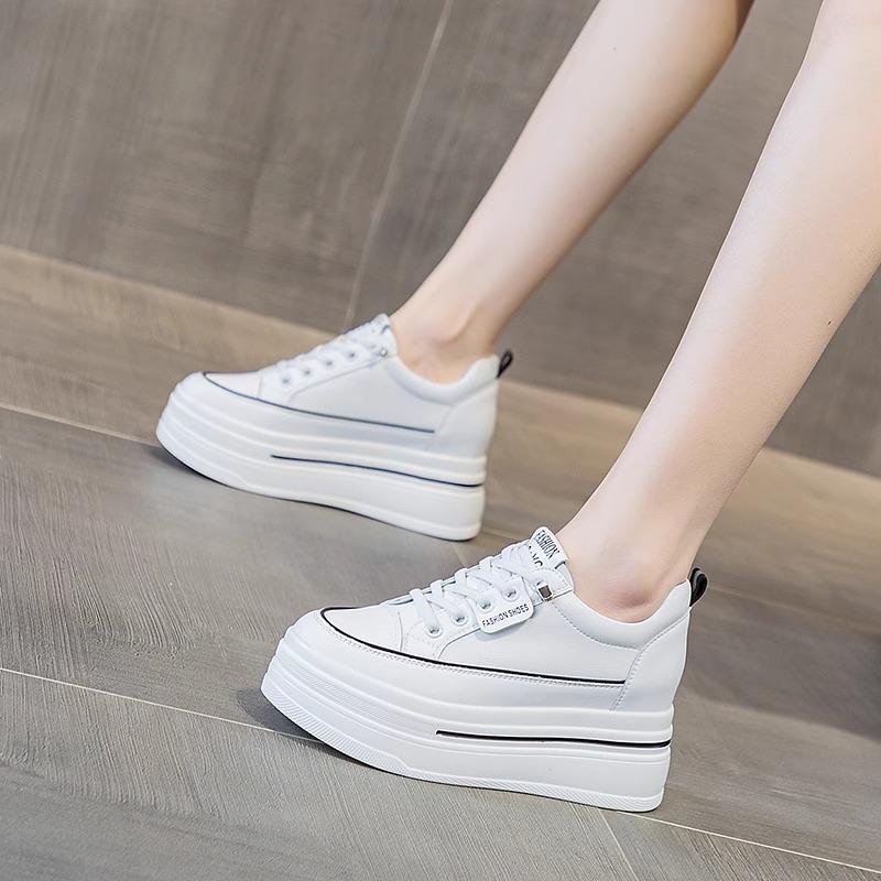 Early spring new leather inner height increase little white shoes women's 8CM thick-soled slope heel casual walking sports shoes show long legs