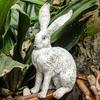 2 Vintage Style White Rabbit Resin Sculptures for Antique Decoration In Gardens and Balconies