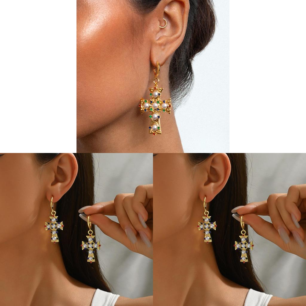 Geometric Cross Pattern Alloy Pearl Earrings For Women Summer Jewelry Gift