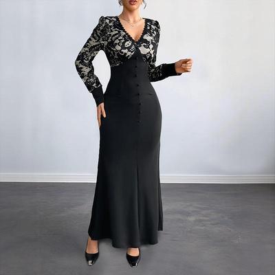 New Sexy Retro-style V-neck Lace Patchwork Long-sleeved Dress for Dinner Dates