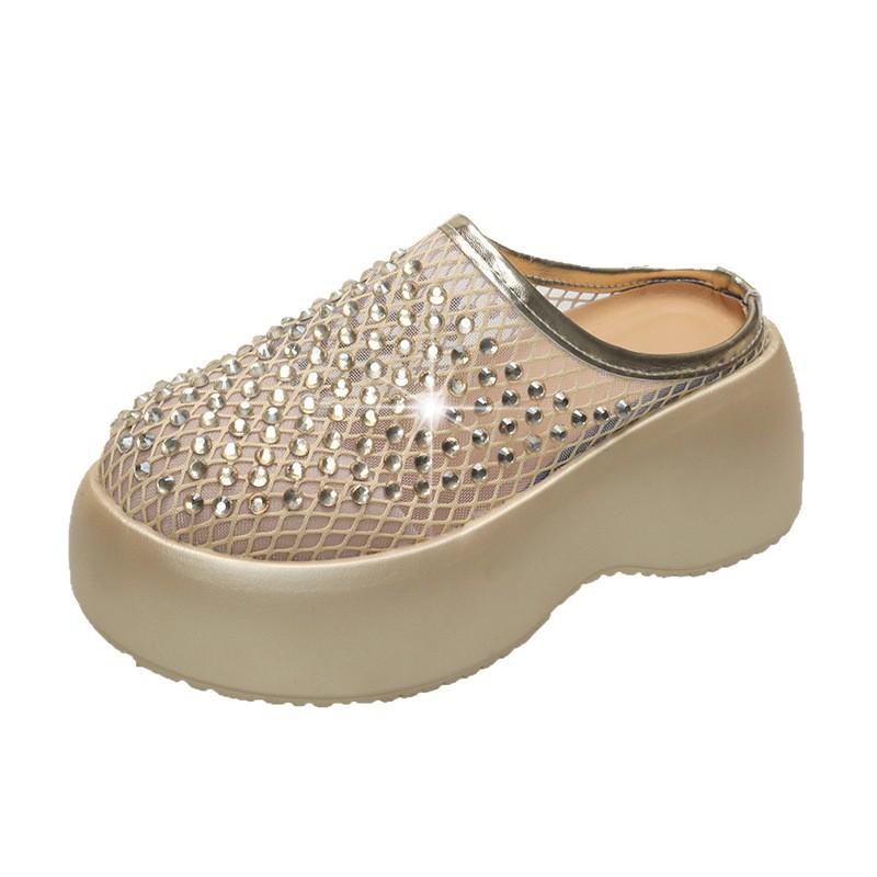 2025 summer new fashion trend rhinestone one pedal beach hollow thick-soled bag head half slippers women