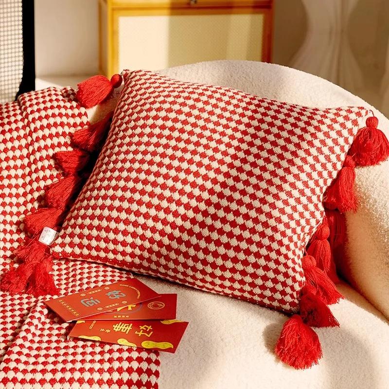 Home Decoration Knitting Cushion Cover Mint Green Tassel Pillowcover Modern Sofa Living Room Waist Pillow Bed Head Round Pillow