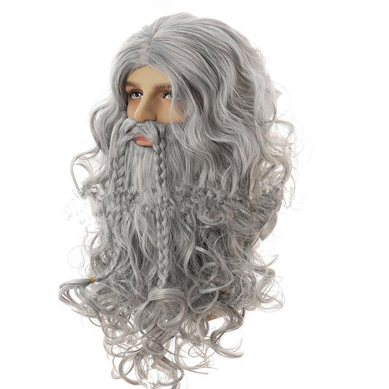 Halloween mens role play wizad silver grey wig and beard  Gandalf Jesus cosplay hair costumes