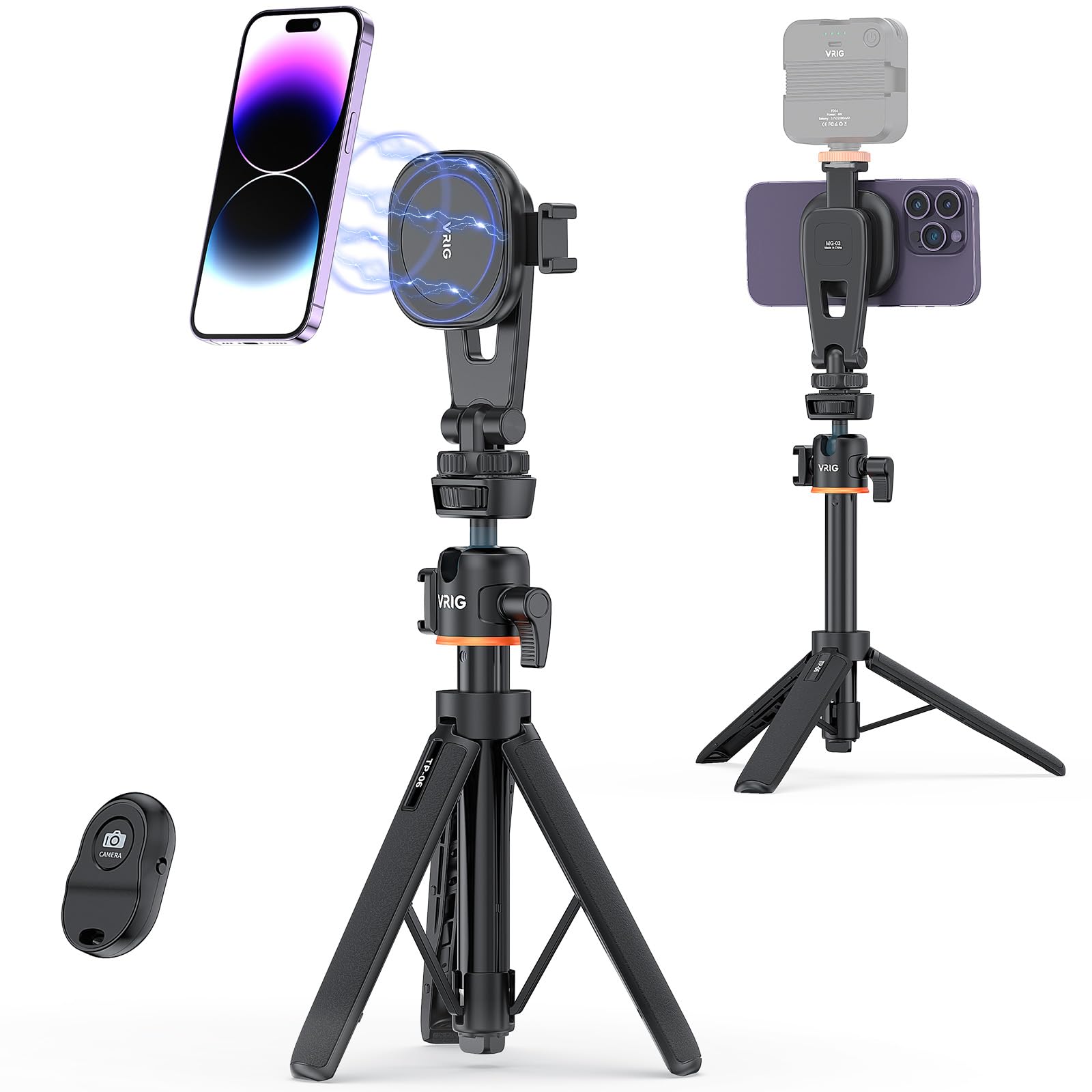 

Штатив для смартфона VRIG з тримачем для смартфона для селфі Magasfe Суперміцна Bluetooth панорамна головка з холодним сумісний з і більше тримачем Міні-магніт, чорний