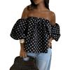 Women Off Shoulder Polka Dot Blouse Puff Sleeve Elastic Neckline Casual Loose Fit Pullover Top Summer Fashion