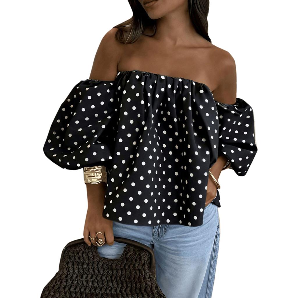Women Off Shoulder Polka Dot Blouse Puff Sleeve Elastic Neckline Casual Loose Fit Pullover Top Summer Fashion