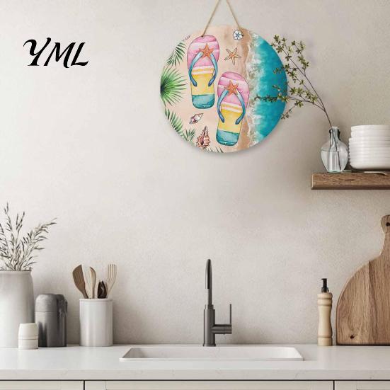 Summer Beach Decor Round Wooden Door Hanger, Watercolor Welcome Sign, Hello Sunshine Indoor Outdoor Wall Hanger Please Plaque for Porch Decorative