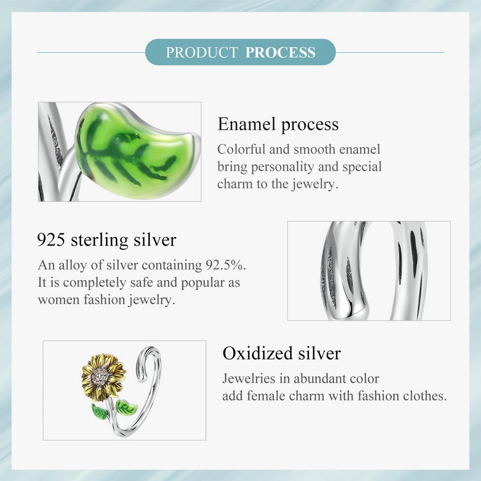 WOSTU Anéis clássicos de abertura de girassol para mulheres, prata esterlina 925, pintura a óleo, flor, zircônia, declaração, presente de festa