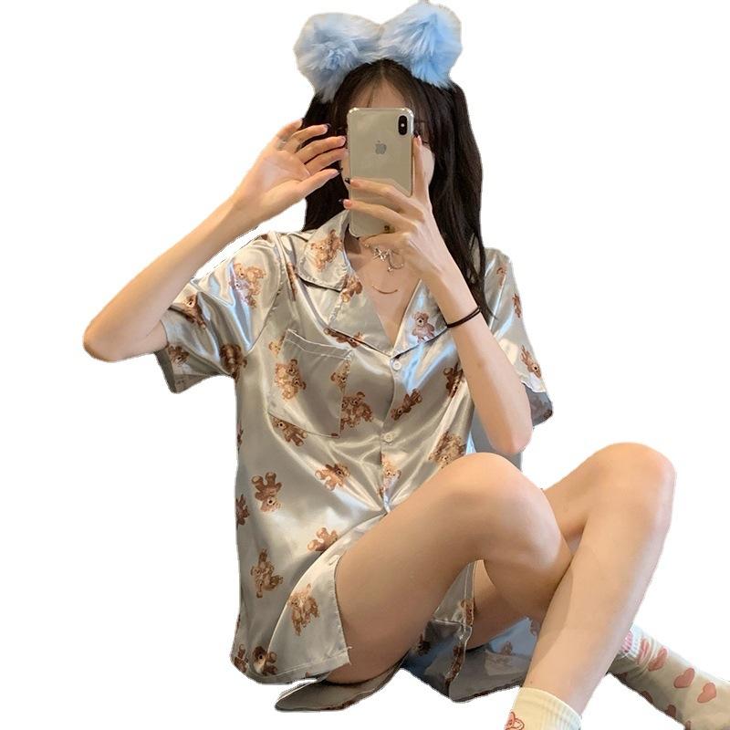 Summer Pajamas Women'S Short-Sleeved Shorts Lapel Cardigan Silk Loungewear Set Full Of Bear Models