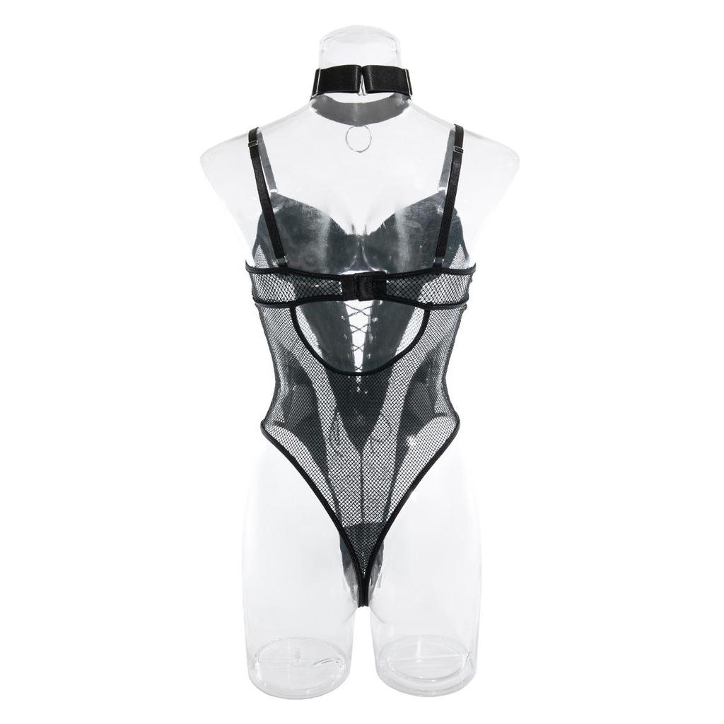 European & American Nightclub Hot Girl PU Leather Mesh Lace-up Backless Bodysuit