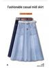 Summer 2025 Light Blue A-Line Denim Midi Skirt for Women - Slimming, Loose Fit, Hip-Covering, Midi Length, Wide Hem