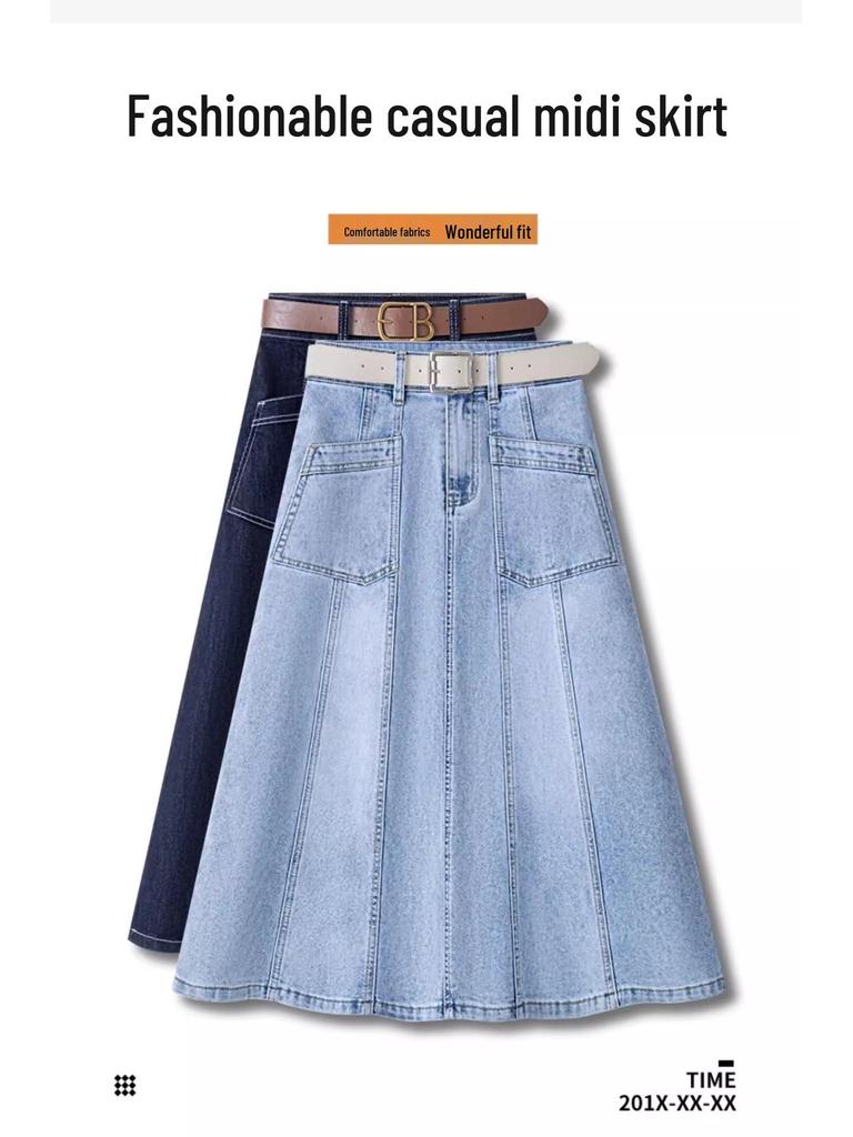 Summer 2025 Light Blue A-Line Denim Midi Skirt for Women - Slimming, Loose Fit, Hip-Covering, Midi Length, Wide Hem