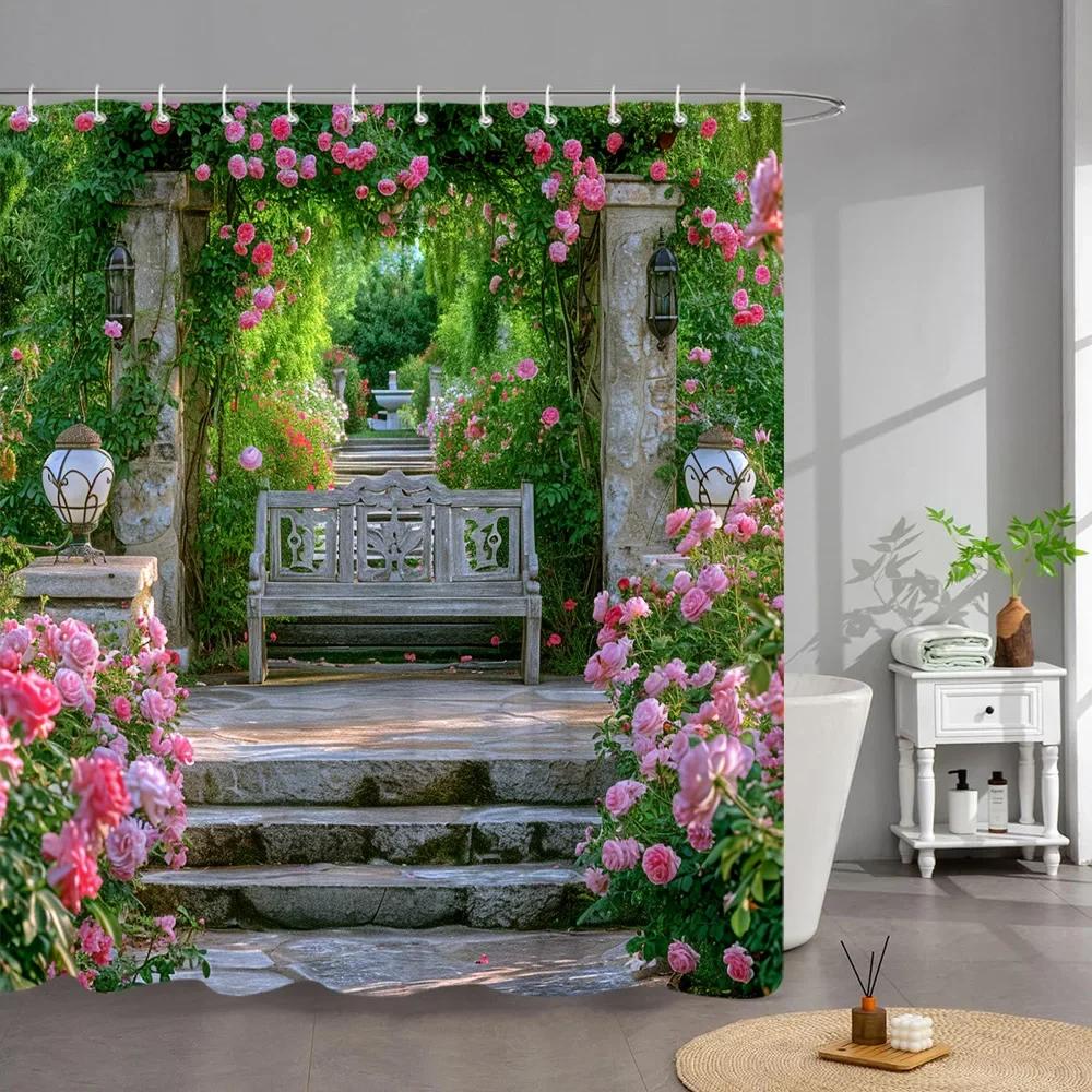 Utomhus Trädgård Affisch Duschdraperi Vintage Fönster Vägg Odla Blommor Polyestertyg Duschdraperier Badrumsdekor