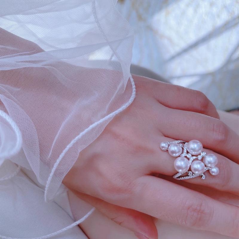 Trendy Openable Pearl & Diamond Inlaid Women s Fashion Ring Adjustable Open