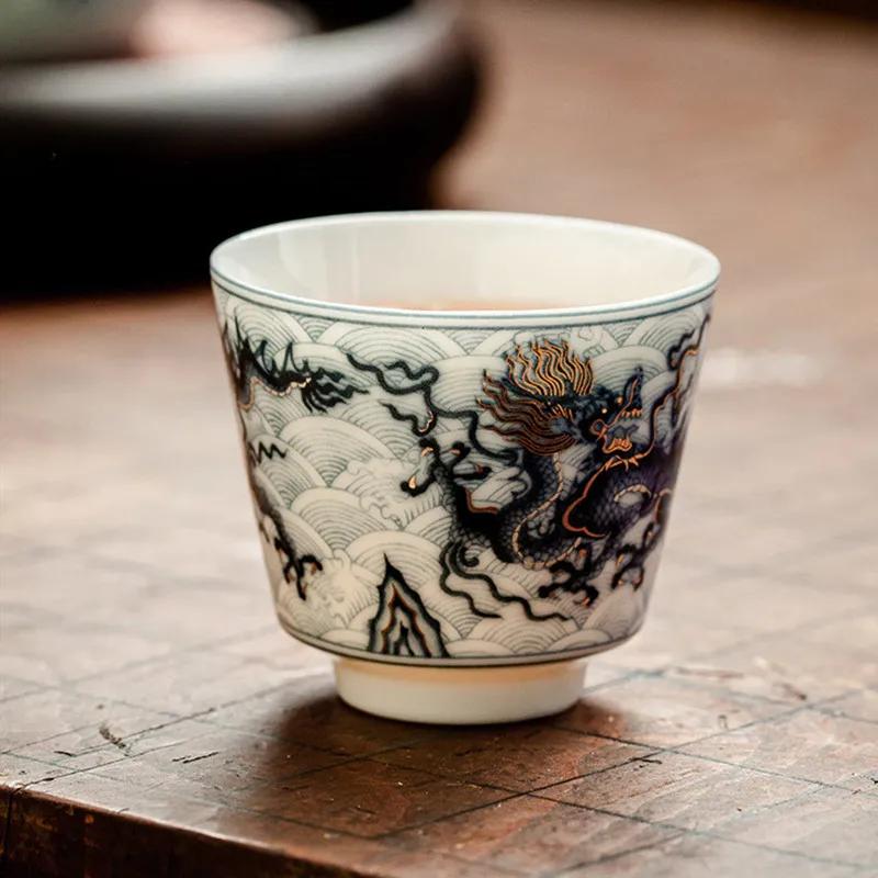 1 Stk. Chinesische Vintage Keramik Teetasse Handbemaltes Blau-Weißes Drachenmuster Teeschale Handgefertigte Porzellan Teetasse Teegeschirr 40ml
