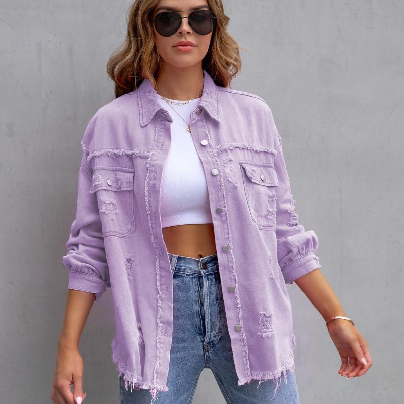 Women's Fashion Ripped Denim Women's Spring and Autumn Long-sleeved Casual Lapel Top Jacket