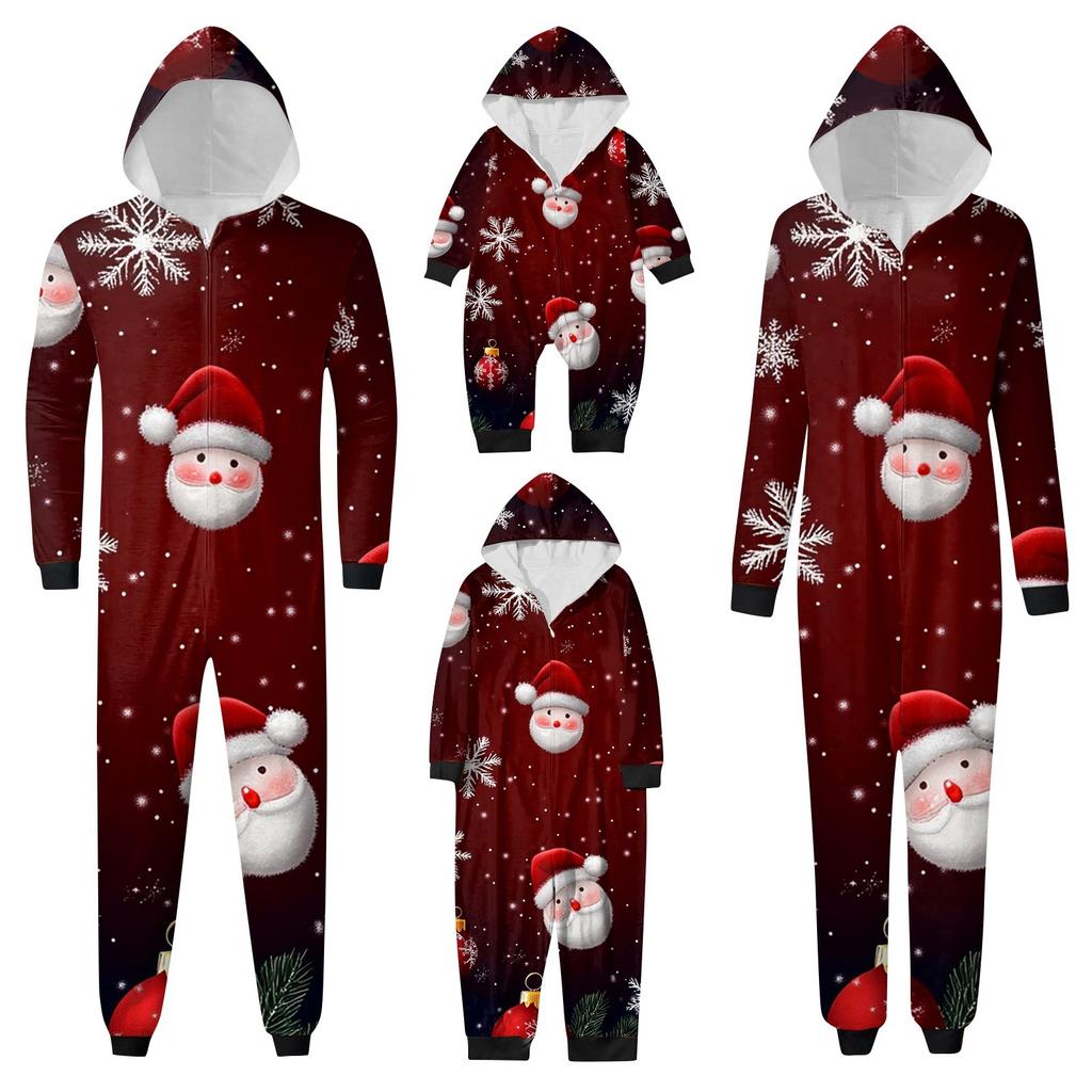 Christmas Print Parent-Child Outfit Hooded Zipper One-Piece Fashionable Home Suit Set