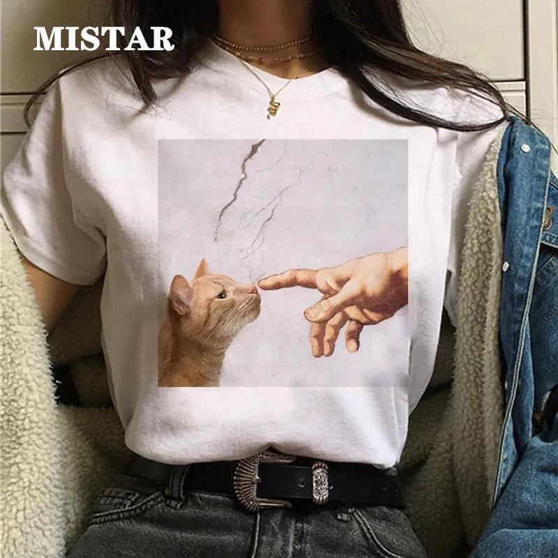 T-shirts Women Cat Oil Painting Printed Funny Graphic Tee Shirt Summer Short Sleeve Casual White Tops Harajuku Clothing