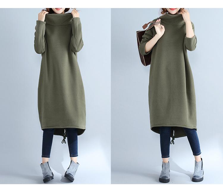 Vestido de Algodón y Lino con Forro Polar de Talla Grande Estilo Étnico 2017 con Cuello Alto