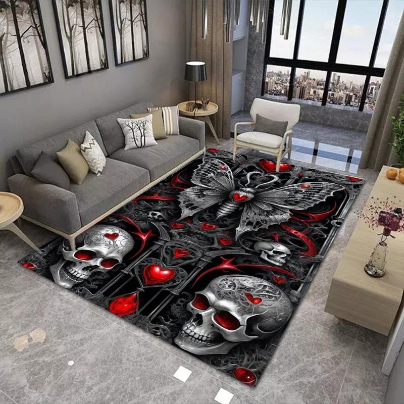 Gothic Skull Carpet Mat - Butterfly Rose Guitar Metallic Texture Sketch Dark Art Black Red Edgy Decorative Home Decoration Rug