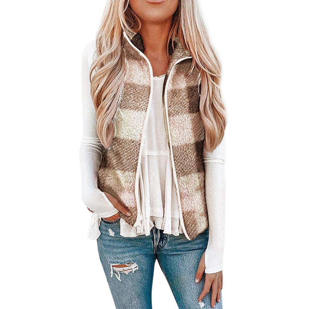 Ladies Pocket Zipper Plush Check Tie- Leopard Print Vest Vest Jacket