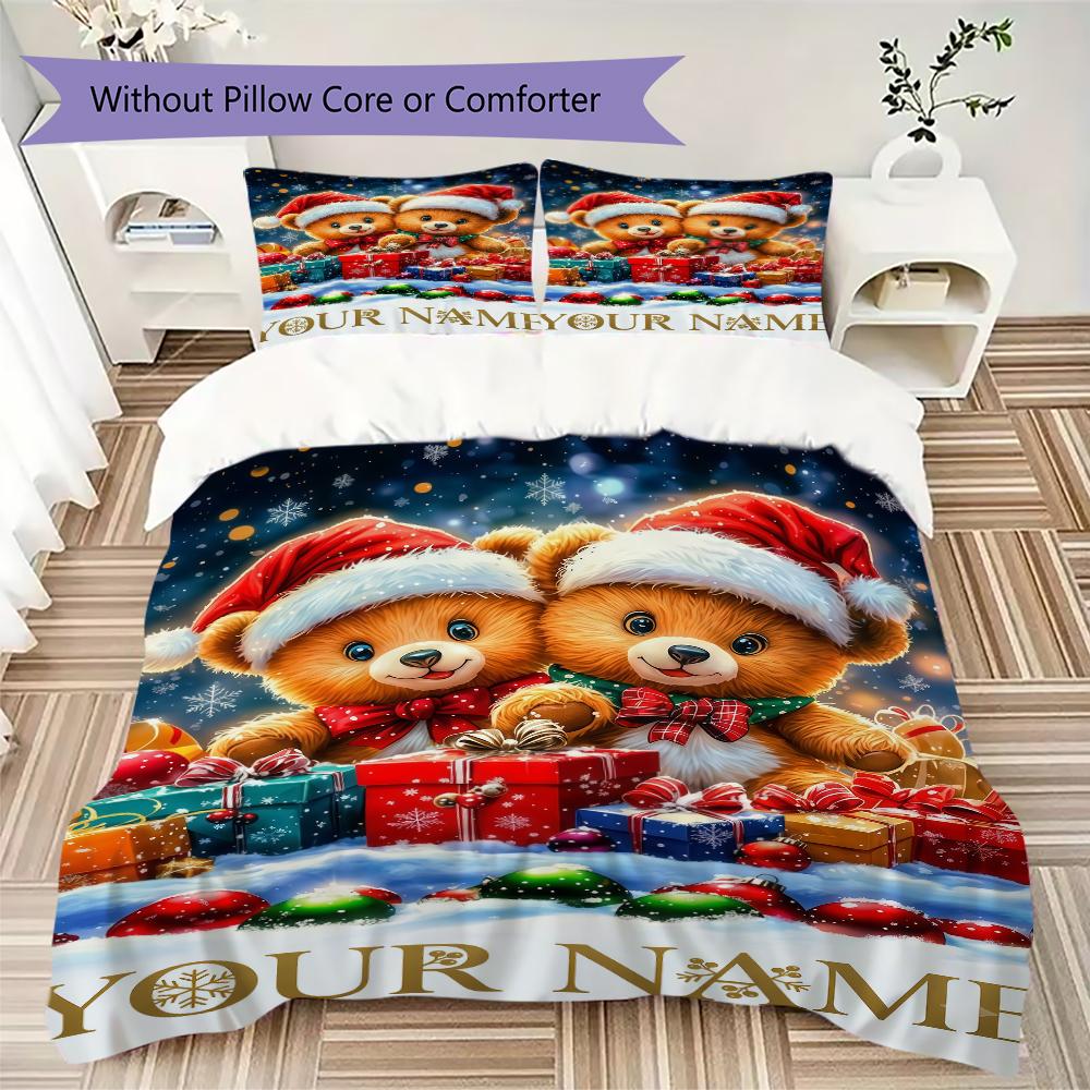 Custom Name Christmas Bears Gifts Bedding,Quilt Set Quilt Cover Pillowcase Home Birthday Gift(1 * Duvet Cover + 2 * Pillowcase, Without Core)_lx