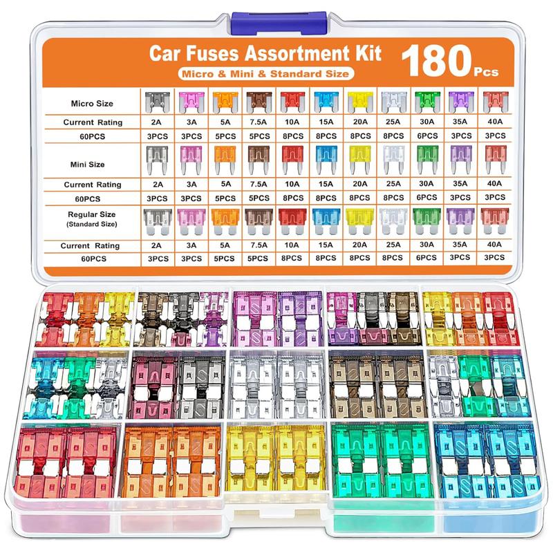 Kit Assortito 180 Fusibili Auto, 60 Mini Fusibili a Lama per Auto + 60 Fusibili Standard Automobilistici + 60 Micro Fusibili + Estrattore per Fusibili