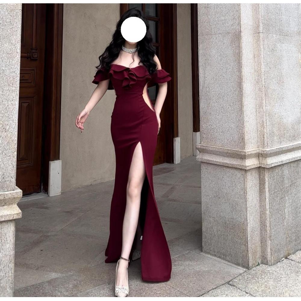 Host evening dress women's new high-end niche red temperament one-word shoulder dress