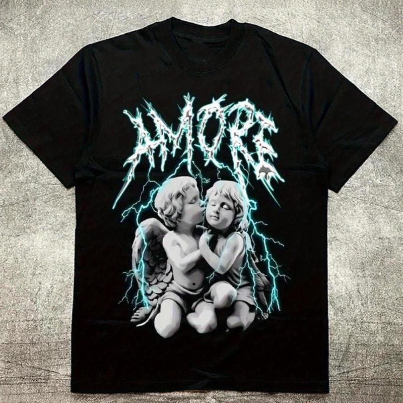 

Летняя мужская черная футболка с коротким рукавом с готическим ангелом и узором AMORE - принты молний и маленького ангела в богемном стиле 4XL