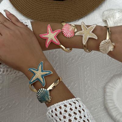 Trend Emaille Seestern Muschel Armreifen für Damen Goldfarbe Großer Seestern Offene Armbänder Sommer Strandurlaub Schmuck Geschenk