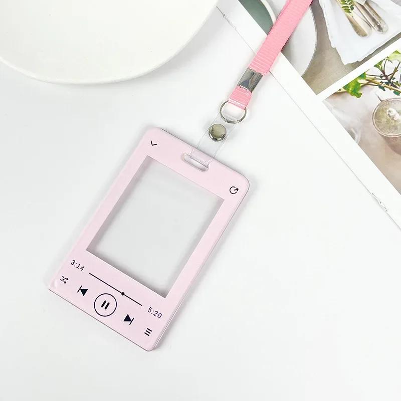 Music Player ID Card Holder with Spring Rope Heart Charm for Women Girls Kid Colorful Bus Subway Credit Card Protector Shell
